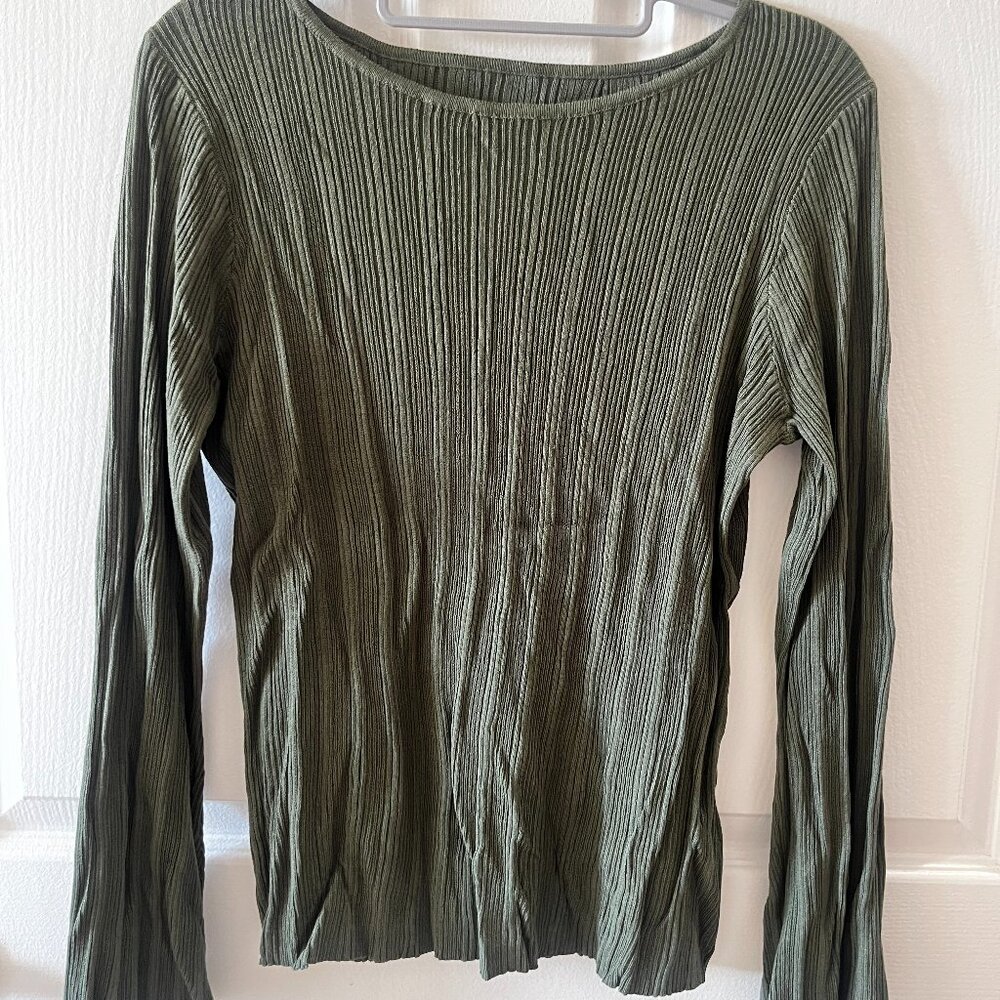 Green Ribbed Sweater with Long Bell Sleeves